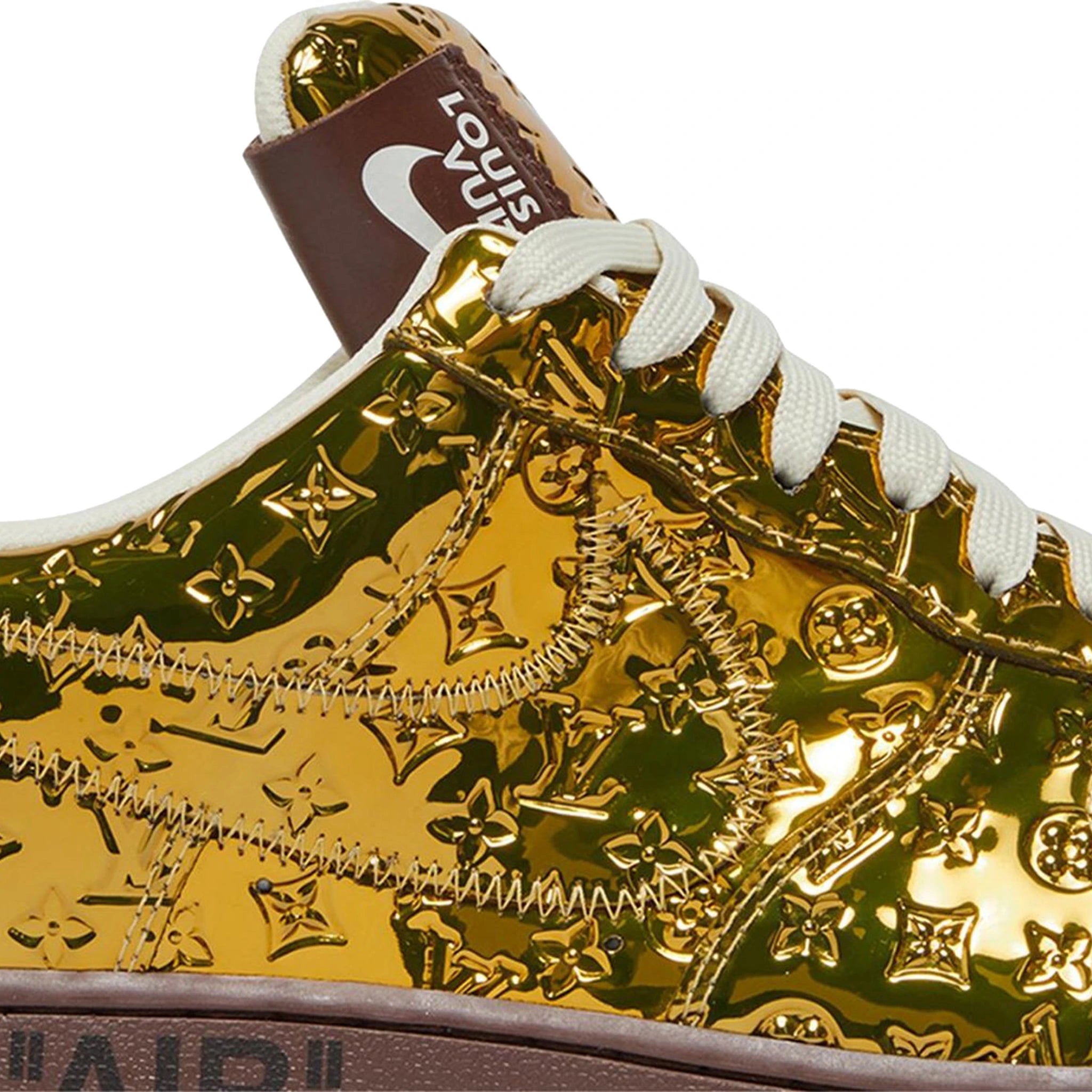 Detail view of Louis Vuitton x Nike Air Force 1 Low Metallic Gold 1A9VG1